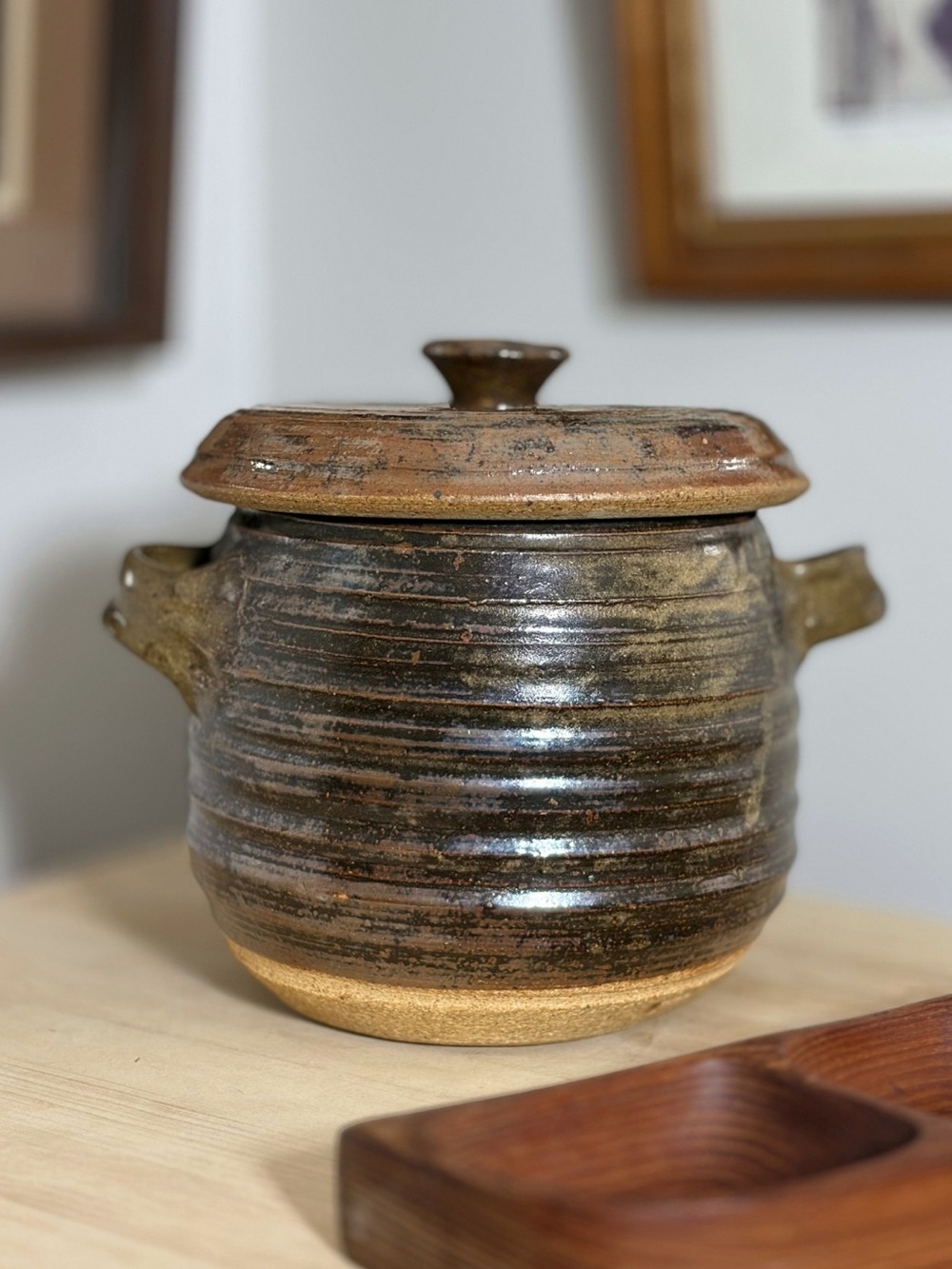 Handmade Brown Ceramic Lidded Pot - Rustic Home Art. Signed